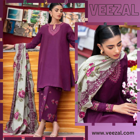 VL684 WINTER 3PC Dhannak Embroidered suit with Printed Shawl