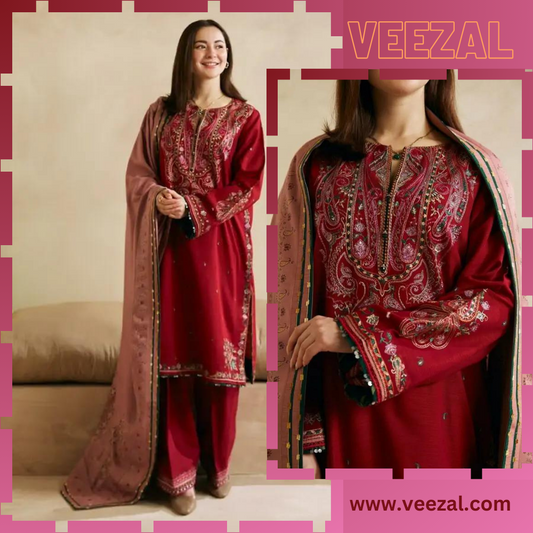 VL682 3Pc Embroidered Dhanak Suit with Heavy Embroidered Dhanak Shawl