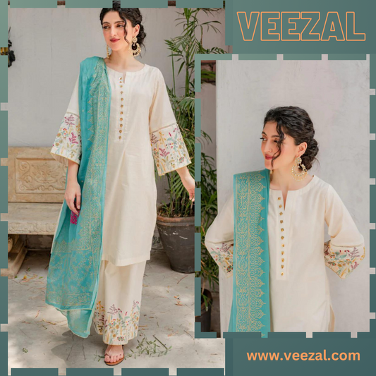 Vl683 off white Dhanak Embroidered three piece With Dhanak Shawl