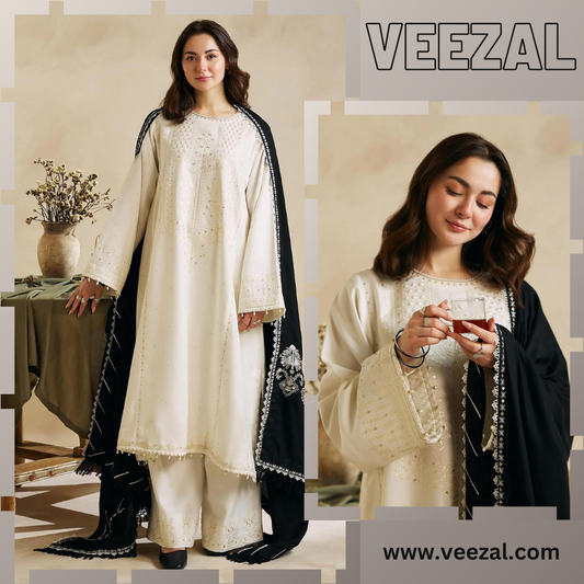 Vl686 Winter 3-Pc Embroidered Dhanak Suit with Heavy Embroidered Dhanak Shawl