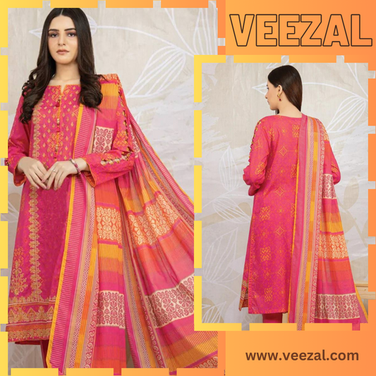 VL692 Pink Printed Three Piece Summer Collection