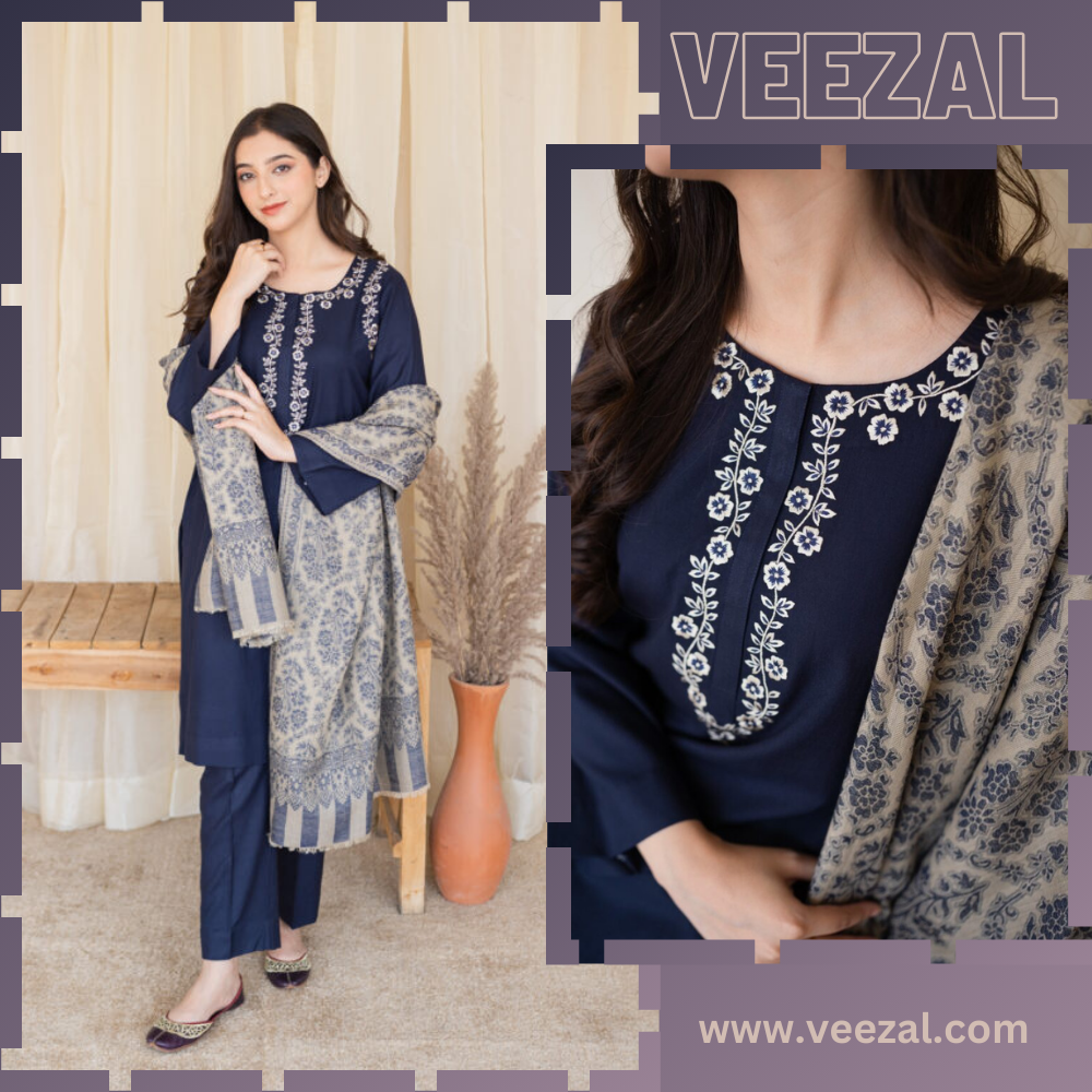 VL694 3-PC Dhanak suit with Embroidered Shawl