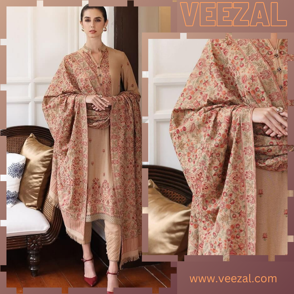 VL695 3-Piece Unstitched Heavy Embroidered Dhanak Wool Suit ( Heavy Embroidered Dhanak Shawl )