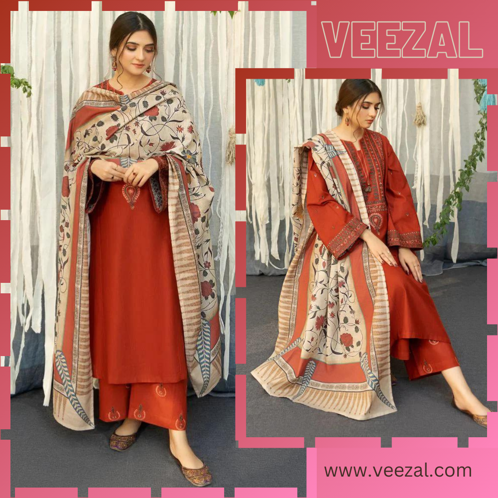VL697 3-piece Dhanak embroidered suit with Digital prited wool shawl