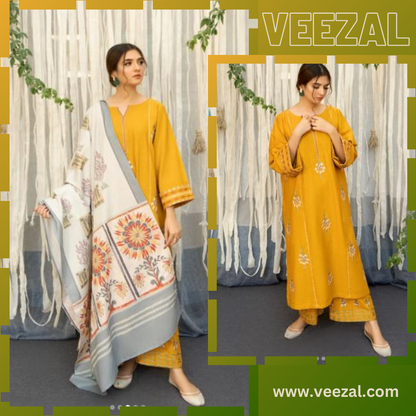 VL703 3-piece Dhanak embroidered suit with Digital prited wool shawl