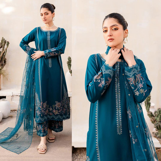 VL709 - 3PC Lawn Embroidered Shirt With Chiffon Embroidered Dupatta