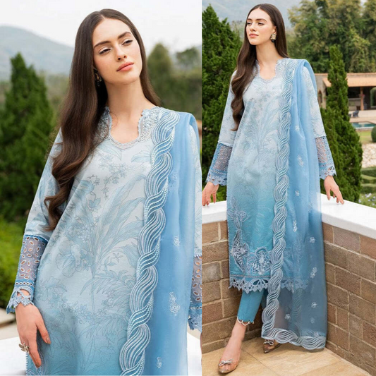 VL789 3-Piece Unstitched Heavy Embroidered Lawn Suit ( Four Sided Embroidered Organza Dupatta )