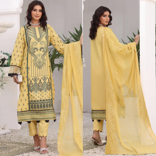VL793 3PC Lawn Embroidered Shirt With Chiffon Embroidered Dupatta