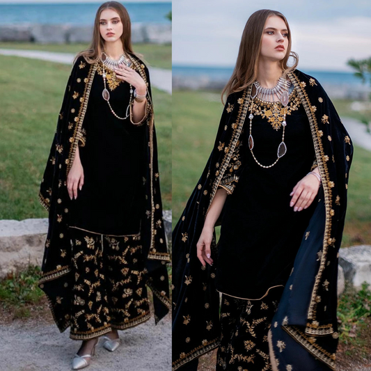 VL956 Unstitched 3PCs Embroidered Velvet Dress With Embroidered Velvet Shawl