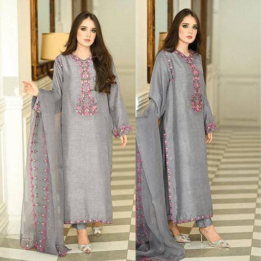 VL827 Winter Unstitched 3PCs Embroidered Dhanak Dress With Monar Embroidered Dupatta