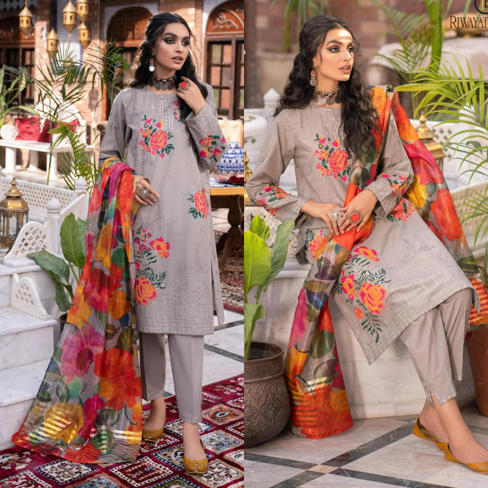 VL829 Winter Unstitched 3PCs Embroidered Dhanak Dress With Diamond Monar Printed Dupatta