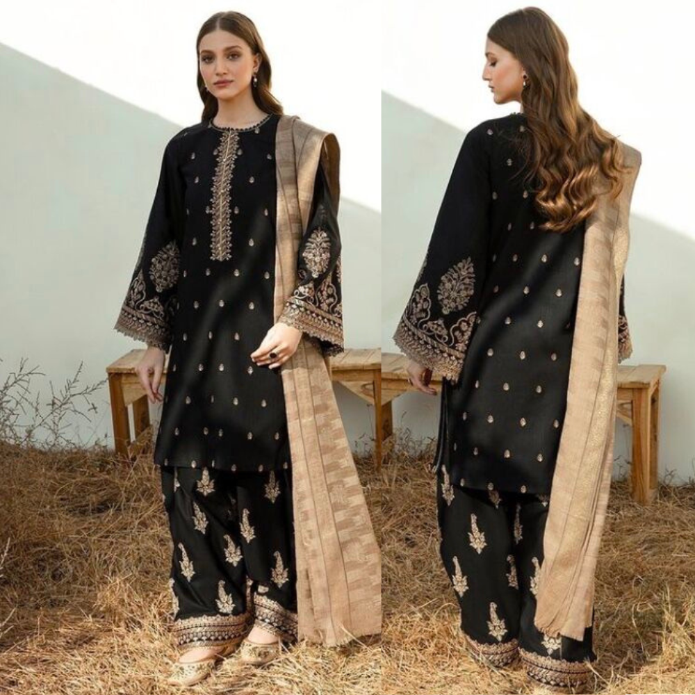 VL830 Winter Unstitched 3PCs Embroidered Dhanak Dress With Wool Shawl