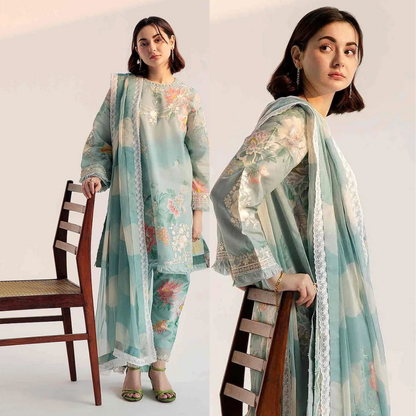 3-Pc Digital Printed with  Embroidered pathces Swiss Lawn Dppatta VL892