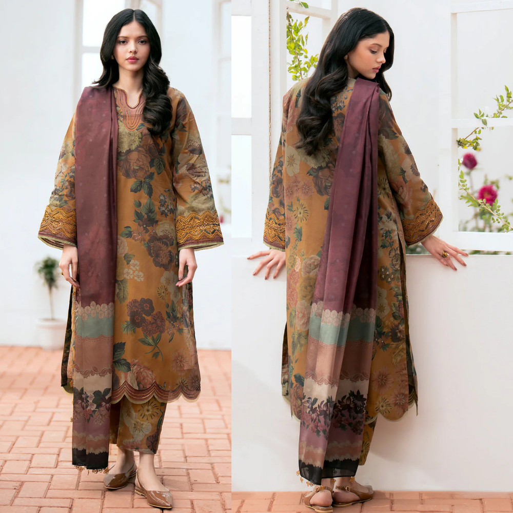 3 Piece Unstitched Embroidered Swiss Lawn Suit ( Printed Monar Dupatta ) VL893