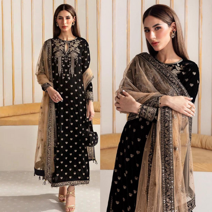 VL963 Winter Unstitched 3PCs Embroidered Velvet Dress With Embroidered Organza Dupatta