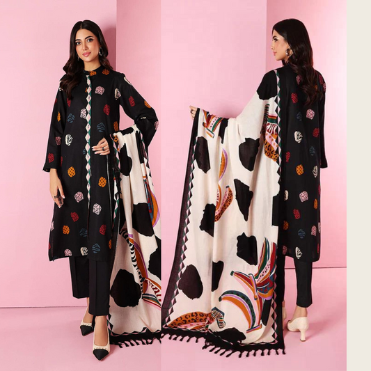 VL562 Khaadi Black Dhanak Embroidered three piece With Wool Shawl