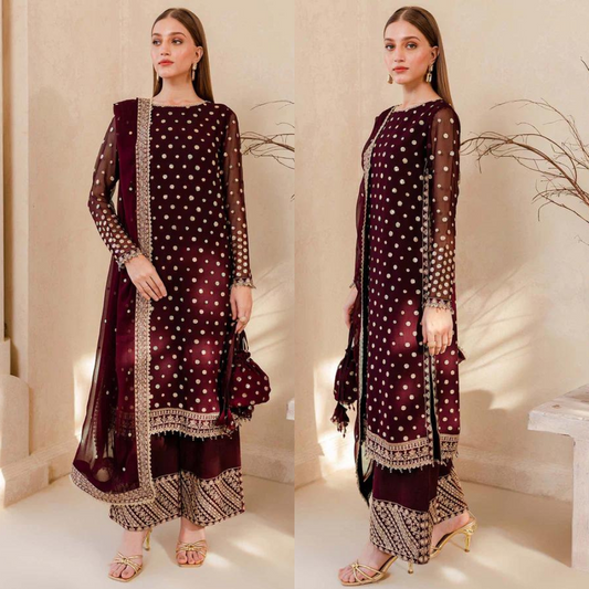 VL960 Winter Unstitched 3PCs Embroidered Velvet Dress With Embroidered Organza Dupatta