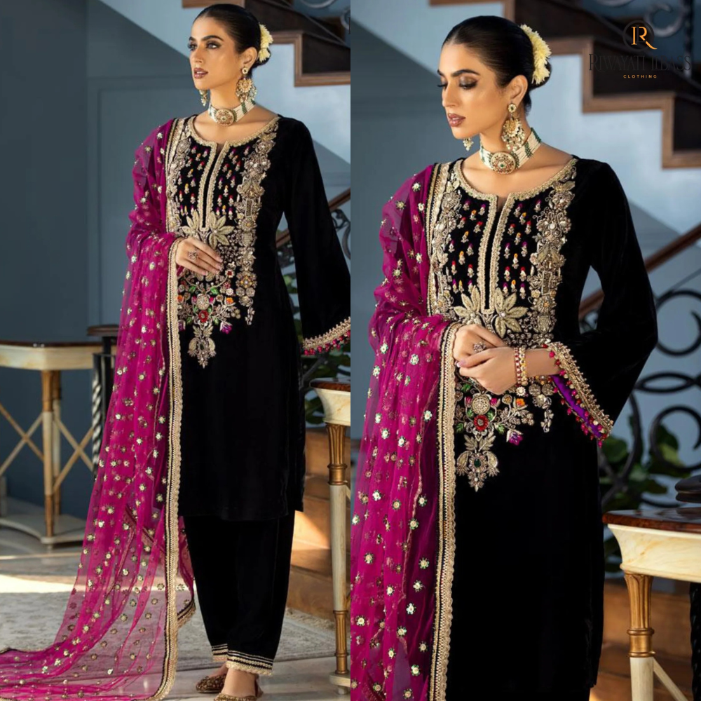 VL964 Winter Unstitched 3PCs Velvet Dress With Embroidered Organza Dupatta