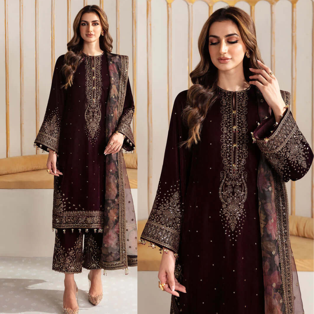 VL961 Winter Unstitched 3PCs Velvet Embroidered Dress With Embroidered Organza Dupatta