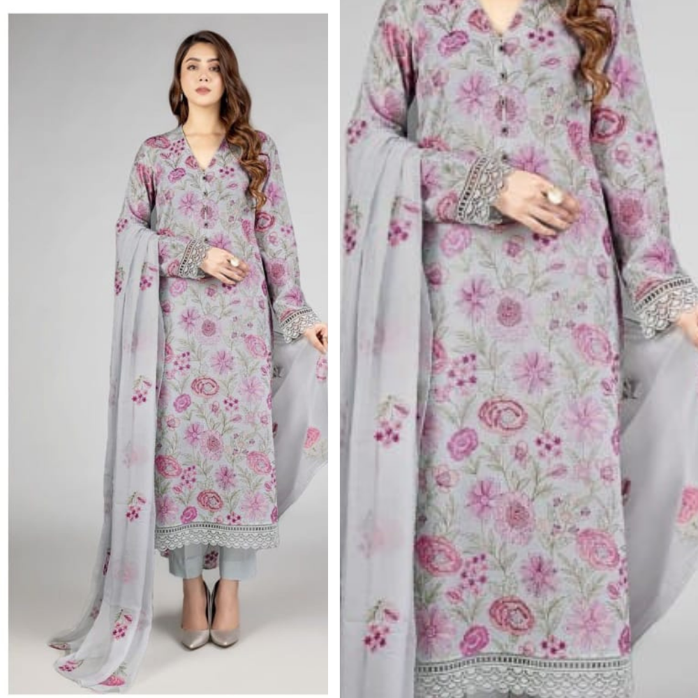 VL570 Bareeze -Embroidered 3pc linen dress with embroidered chiffon dupatta