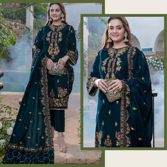 VL2050 Sequance Embroidered Velvet Three piece With Velvet Shawl Winter Collection