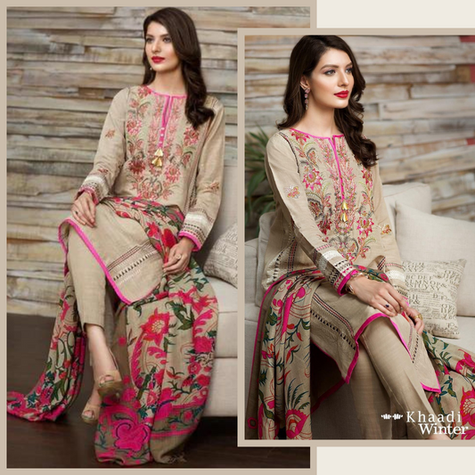 VL2019 Khaadi Pink-Embroided 3PC Dhank  Dress with wool shawl