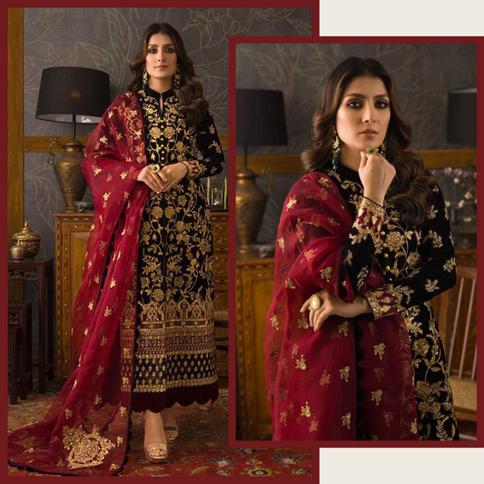 VL299 3PC Velvet Heavy Embroidered Shirt With Organza Heavy Embroidered Dupatta