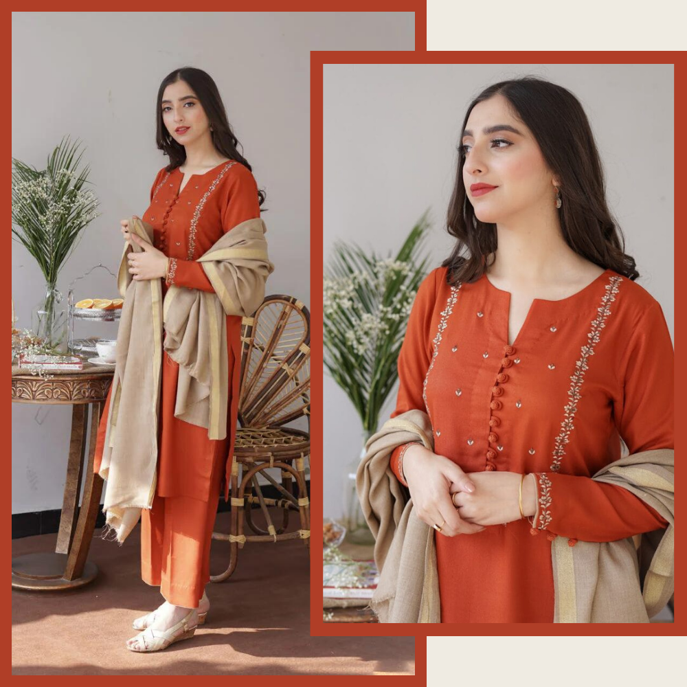 VL308 3PC Dhanak suit with Embroidered Shawll