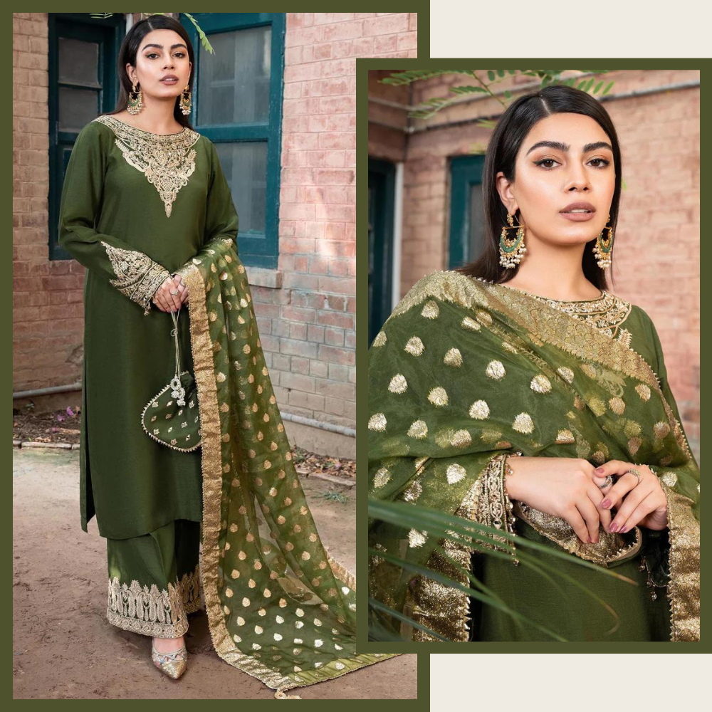 VL581/2 3 Piece Silk Embroidered With Jaquard Duppatta