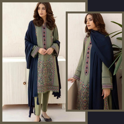 VL2021 3pc Winter Embroidered khaddar Shirt With Dhanak Shawl