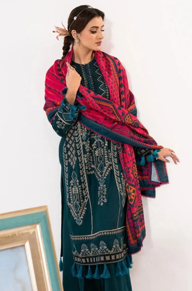 3PC Dhanak Embroidered Shirt With Wool Printed Shawl and Trouser - VL1676
