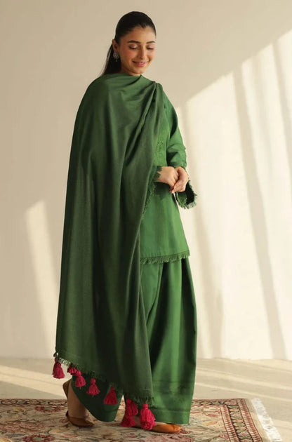 VL1604 Premium Emerald Green 3-Piece Unstitched Suit With Matching Shawl