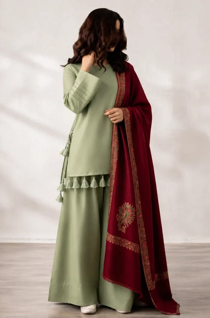 VL1605 - Elegant Sage Green 3-Piece Suit With Maroon Printed Shawl