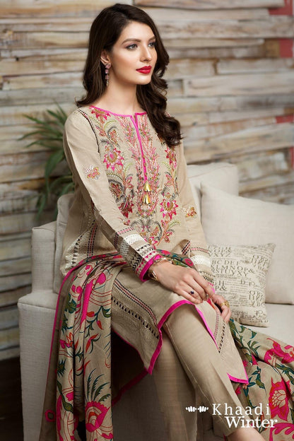 VL2019 Khaadi Pink-Embroided 3PC Dhank  Dress with wool shawl